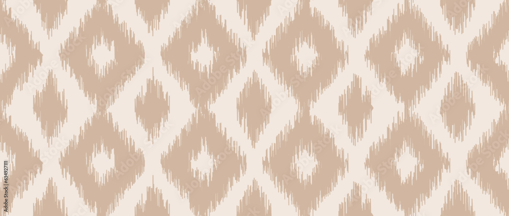 Seamless beige ikat pattern. Ethnic diamond monochrome repeating background. Ornamental tribal fabric and textile swatch print design. Vector light brown asian folk abstract wallpaper