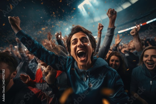 Sport fans cheer and celebrating a winning tournament in stadium. Generative AI © itchaznong