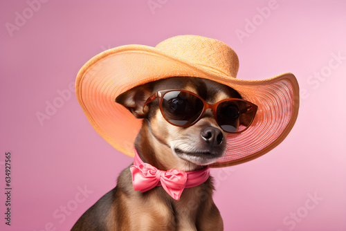 funny portrait of dog wearing sunglasses and sun hat on plain background