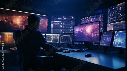 a man sitting at a desk with multiple monitors photo