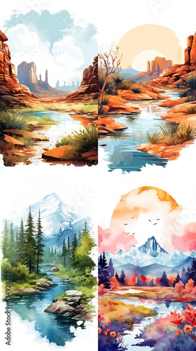 America Landscape, water color, vector, illustration.