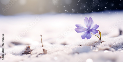 Purple crocuses growing through the snow in early spring © Strabiliante