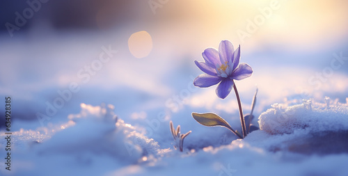 Purple crocuses growing through the snow in early spring © Strabiliante