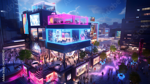 Futuristic bustling tech hub. Generated AI