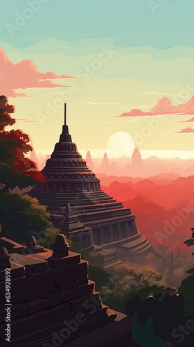 Borobudur Temple  Yogyakarta  Java  Indonesia  Landscape  illustration vector.