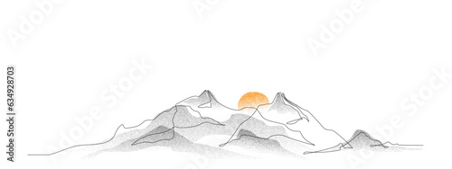 Mountain and sunset, sunrise. Continuous line drawing with dotwork grain, noise texture of landscape background. One single line drawing of mountain view. Stippled gradient mountain in dotwork style