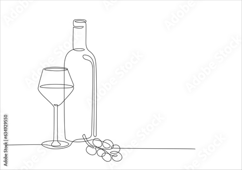Bottle of wine with glass and grape continuous one line drawing. Single line drawing of bottle with alcohol, wineglass, glassware and fruit. Line art style for restaurant menu, poster, banner. Vector