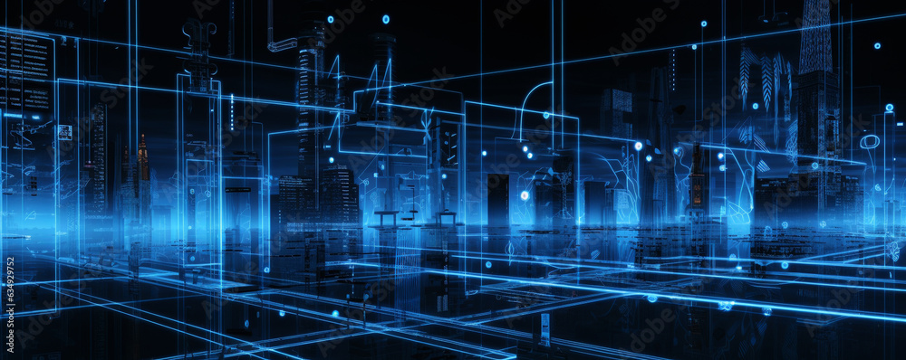 powerline with blue lights of the futuristic city., energy technology and cityscape concept. powerline with blue lights of the futuristic city., energy technology and cityscape concept.