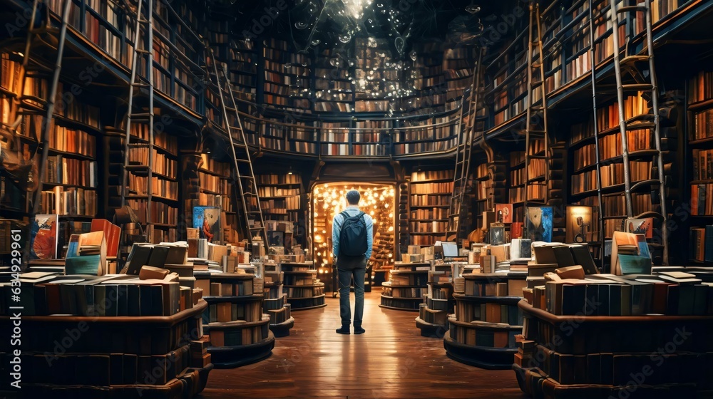 a person standing in a library - obrazy, fototapety, plakaty 