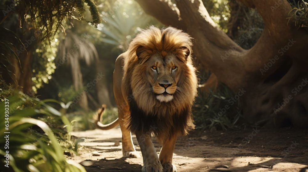 a lion walking in the woods
