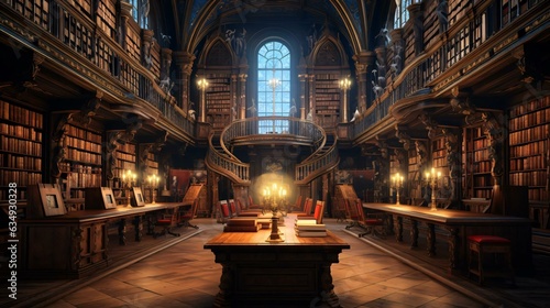 a large library with a large chandelier and a large book shelf