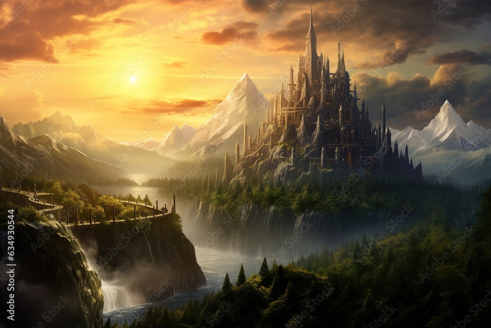 Inspiration Capture the tranquility of a majestic mountain range as the sun rises, Generated with AI