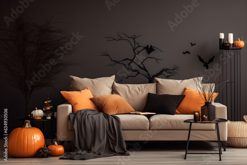 Halloween room decoration with pumpkin that's creating celebrating mood on halloween day