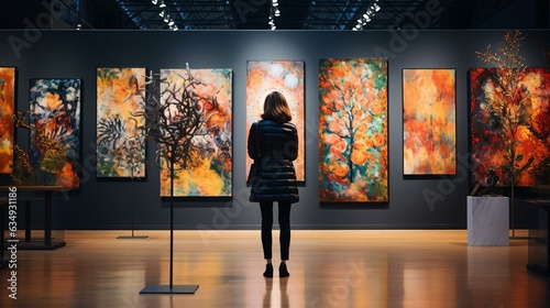 a person looking at a wall of paintings