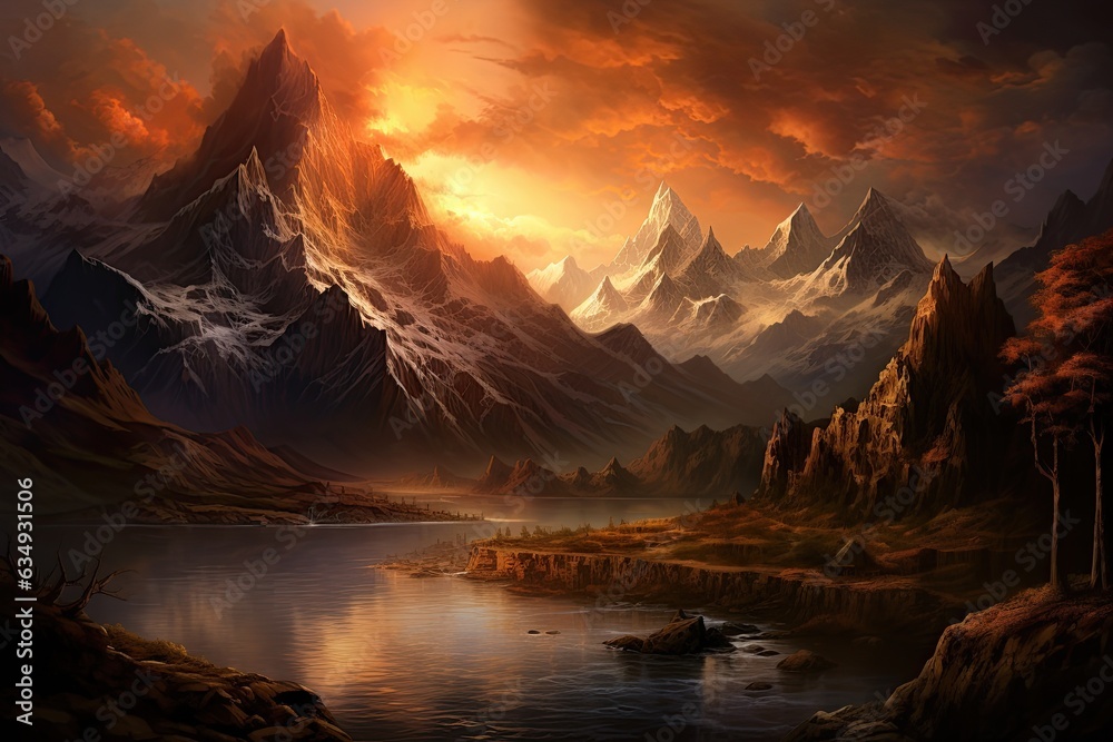 Capture the tranquility of a majestic mountain range as the sun rises, Generated with AI