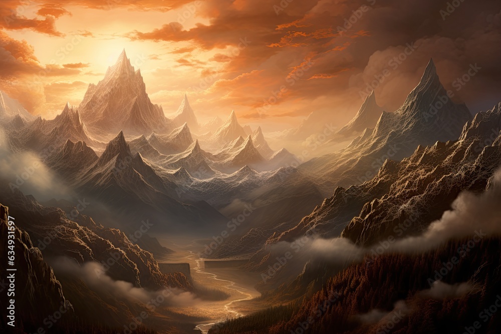Inspiration Capture the tranquility of a majestic mountain range as the sun rises, Generated with AI