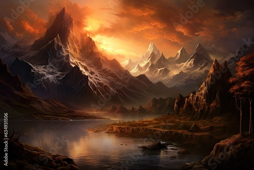 Capture the tranquility of a majestic mountain range as the sun rises, Generated with AI © Chanwit