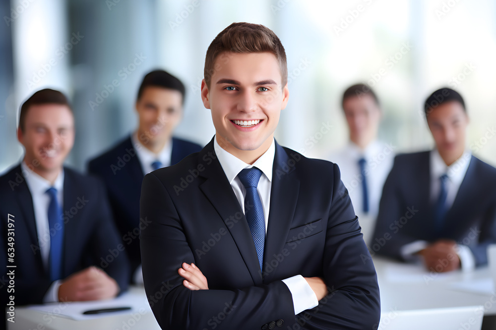 Happy young businessman attending a meeting with his team Happy young businessman attending a meeting with his team