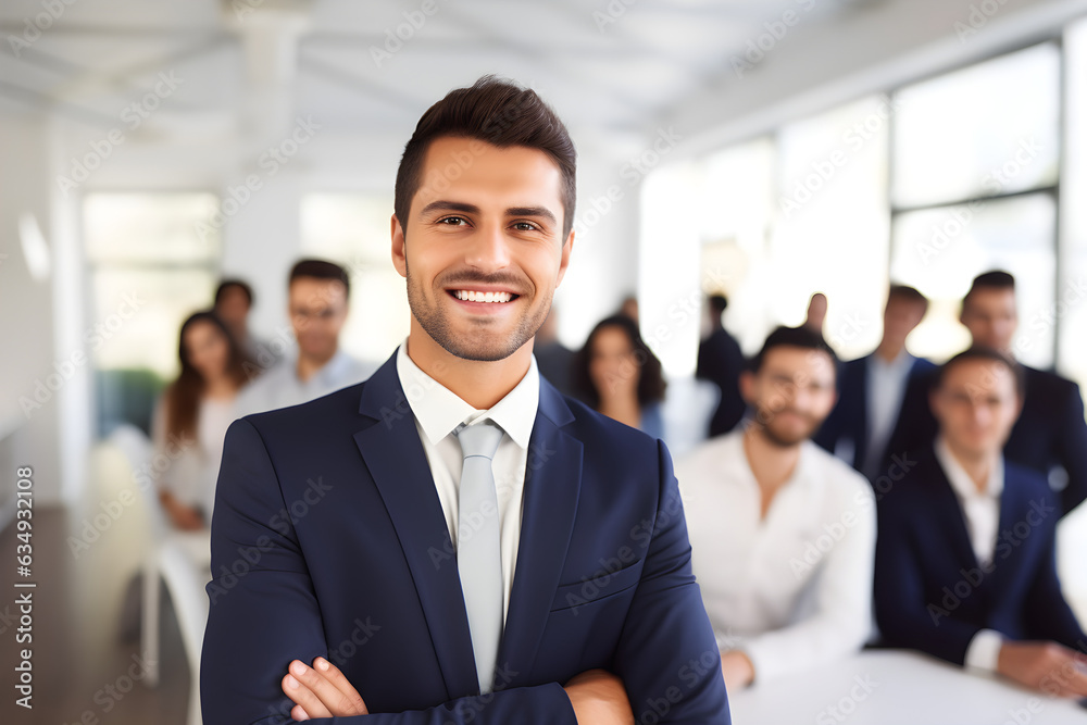 Happy young businessman attending a meeting with his team