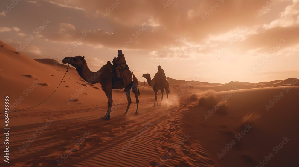 Fototapeta premium a group of people riding camels in the desert