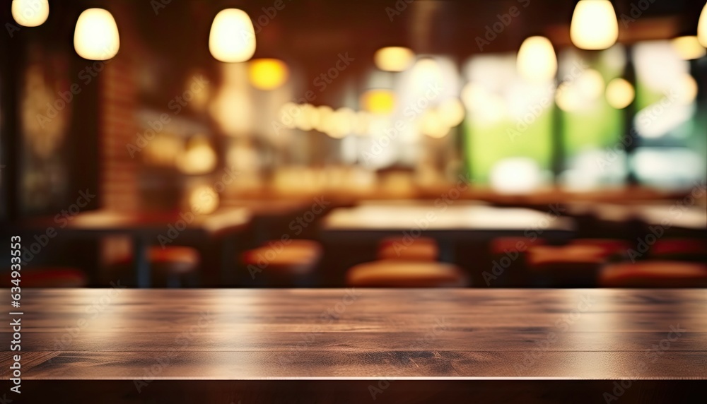 Urban Lifestyle in Blurred Background. Cafe Ambience with Wooden Tables and Bokeh Lights