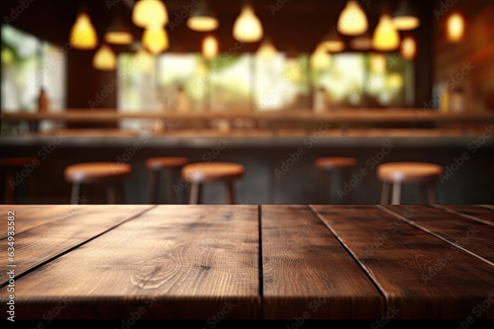 Urban Lifestyle in Blurred Background. Cafe Ambience with Wooden Tables and Bokeh Lights