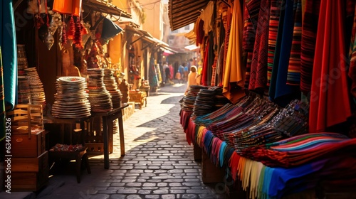 a street with a row of colorful cloths and baskets