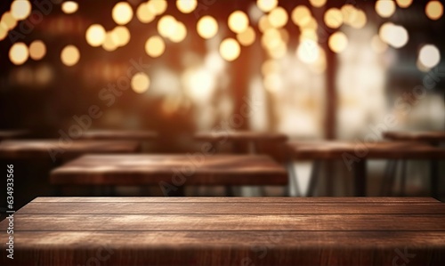 Urban Lifestyle in Blurred Background. Cafe Ambience with Wooden Tables and Bokeh Lights © Thares2020