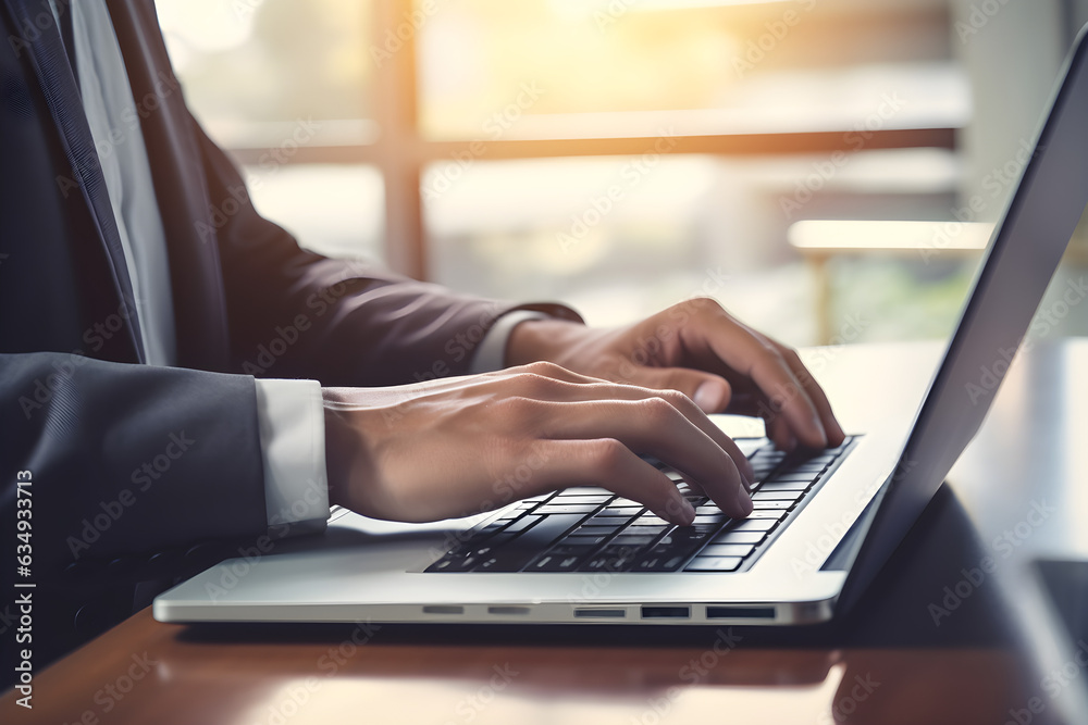 Close up of businessman hand typing on laptop computer at office. Business man working on laptop computer with digital tablet on office table, searching for information, surfing the internet Close up of businessman hand typing on laptop computer at office. Business man working on laptop computer with digital tablet on office table, searching for information, surfing the internet
