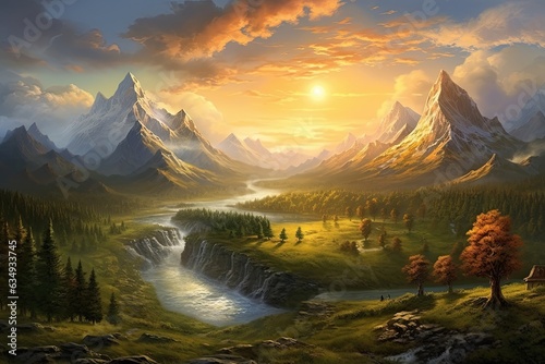 Capture the tranquility of a majestic mountain range as the sun rises  Generated with AI
