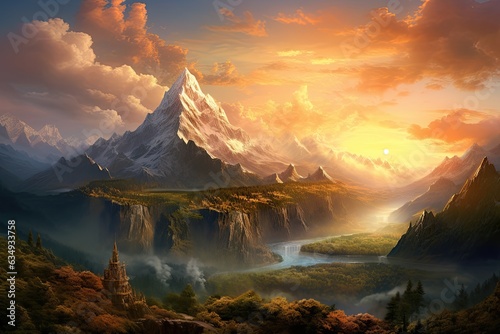 Inspiration from The Lord of the Rings.  Capture the tranquility of a majestic mountain range as the sun rises, Generated with AI