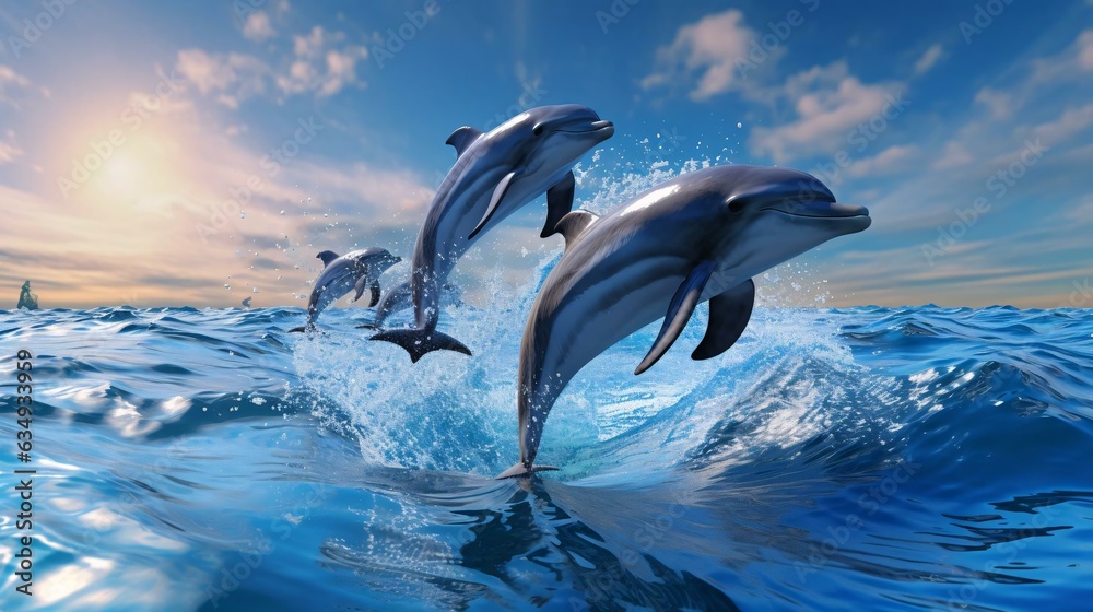 Fototapeta premium a group of dolphins jumping out of the water