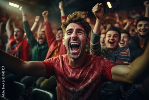 Sport fans cheer and celebrating a winning tournament in stadium. Generative AI © itchaznong