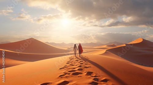 a couple people walking in the desert