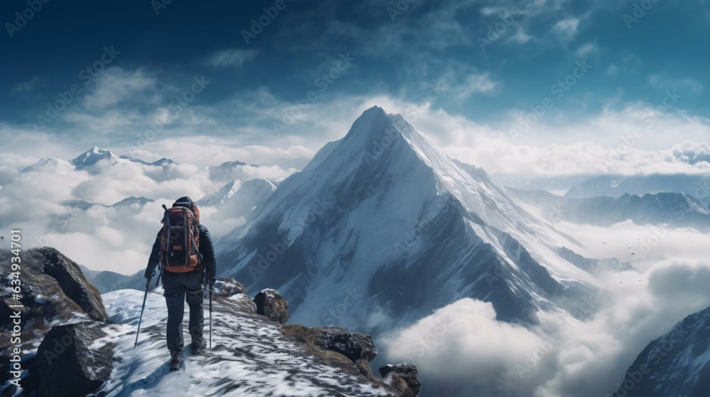 a person hiking on a snowy mountain