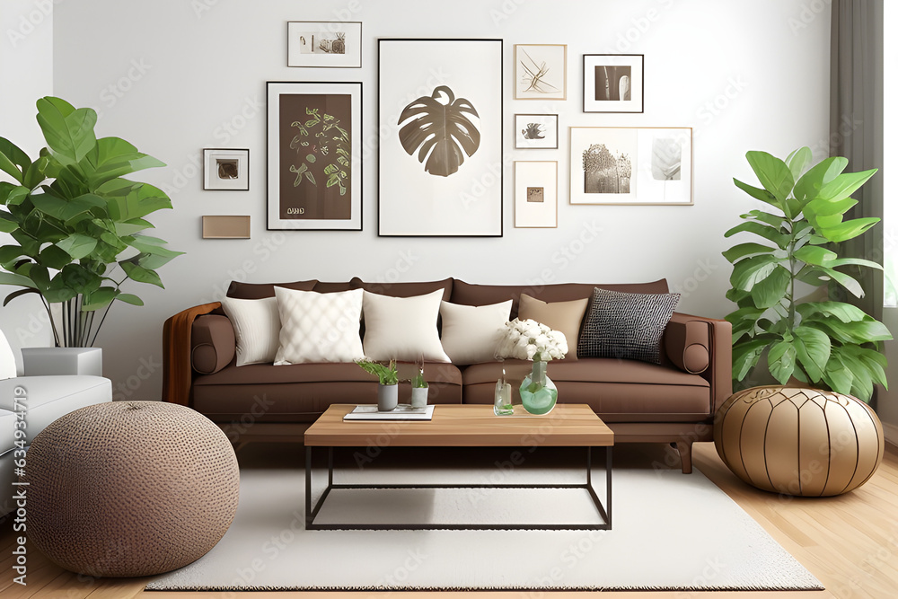 Fototapeta premium Interior design of living room interior with empty frames, brown sofa, plants, wooden coffee table, lamps, balls, stylish rug, plaid, pillows and personal accessories. Home decoration. template.