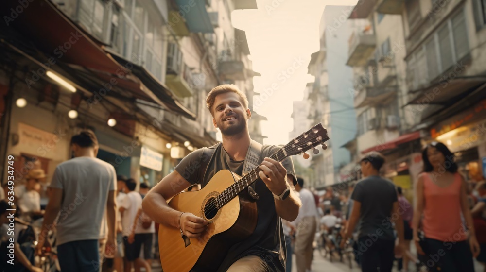 a man playing a guitar on a busy street
