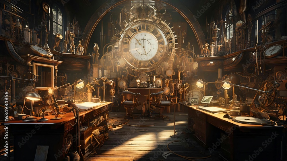a room with a clock and desks a room with a clock and desks
