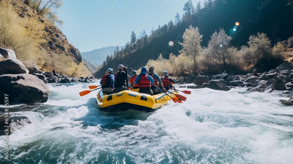 Fototapeta premium a group of people in a yellow kayak on a river