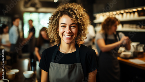 An upbeat and cheerful female worker at a coffee shop