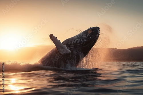 An impressive humpback whale showcasing its strength and agility by breaching out of the ocean. A true marvel of marine life. Is AI Generative. © sorapop