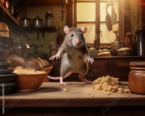 Rat scurrying across the kitchen countertop stealing crumbs.