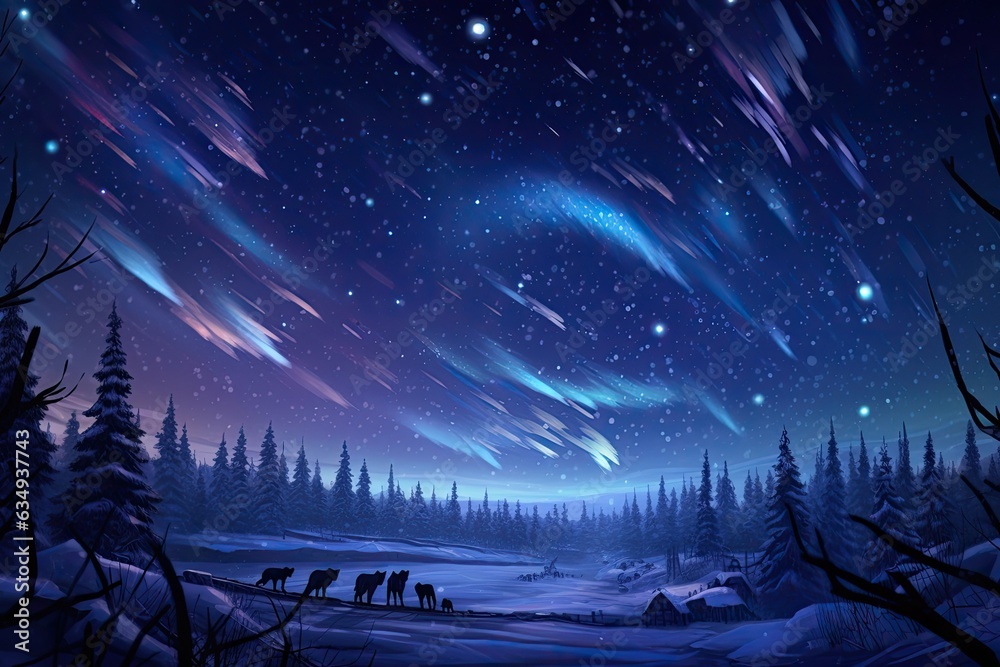 Wolves hunt together under a starlit winter sky. Wolves hunt together under a starlit winter sky.