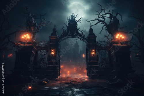 Gate with Halloween theme background. scary cemetery gate. Generative AI