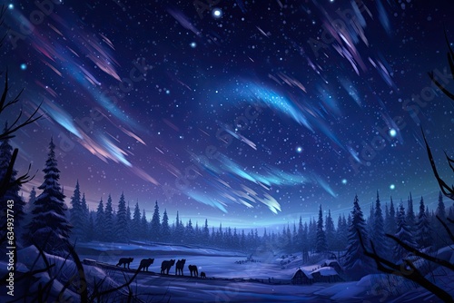 Wolves hunt together under a starlit winter sky.