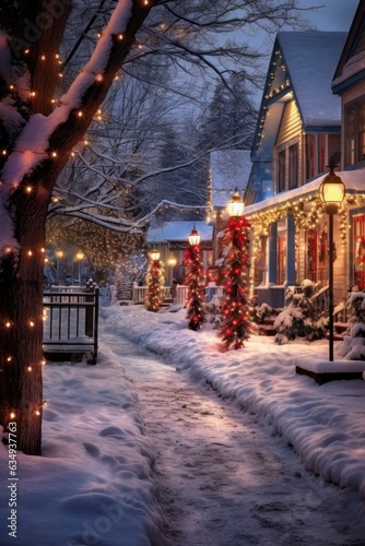 Holiday lights twinkle on freshly fallen snow. © HandmadePictures