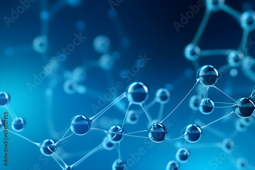 Horizontal banner with model of abstract molecular structure. Background of blue colour with glass atom model