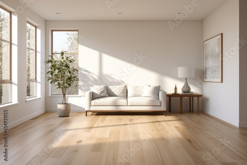 Empty room and wall and wooden floor with interesting with glare from the window. Interior background for the presentation. Generative AI