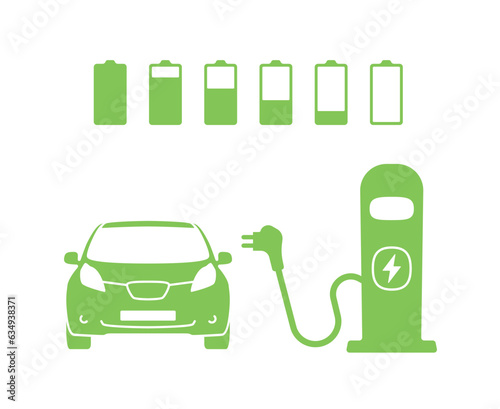 Electric car with plug graphic icon. Car charging station icon in trendy flat style. Electrical charging station symbol. Renewable eco technologies. Vector illustration. Battery charging grades icons