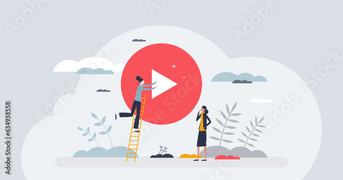 Video production and film movie editing or creation process tiny person concept. Producing multimedia and professional studio shooting for vlog, social media or stories content vector illustration.